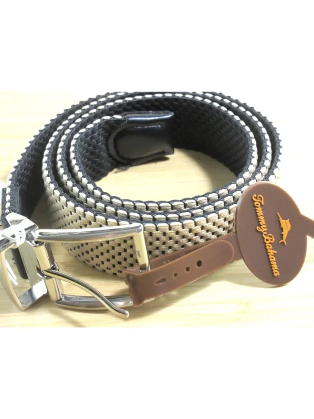 Tommy Bahama Men's Reversible Fabric Stretch Belt Black Khaki Metal Buckle NWT